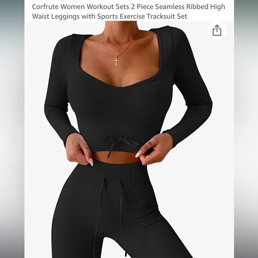Womens Workout Set 2 Piece long sleeve and Seamless Ribbed High Waist Leggings,M